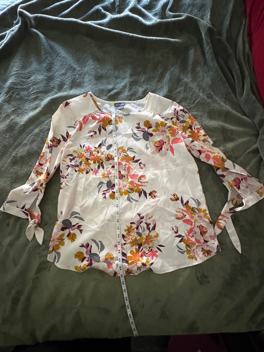 Van Heusen Cream Floral Tie-Sleeve Blouse with Pink and Yellow Blooms
